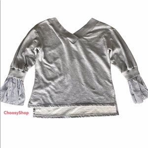 Ruffled Striped Flounce Sleeve Gray Vneck Pullover